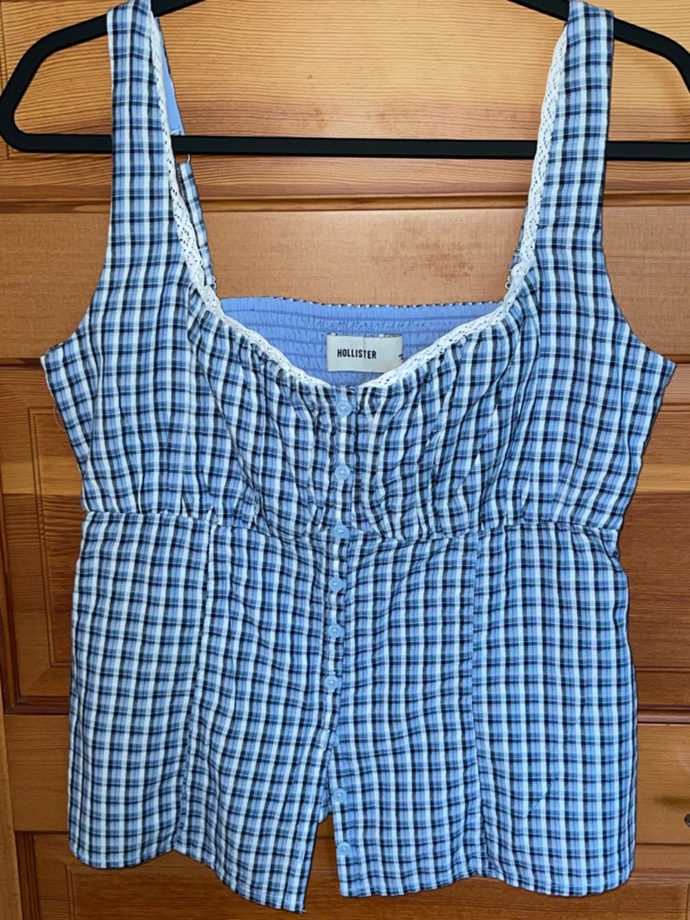 Hollister Blue and White Plaid Smocked Tank Top - LARGE - NWOT